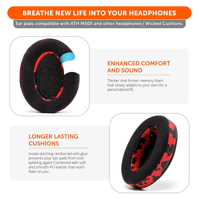 Alt view image 5 of 7 - PadZ Velour - Earpads for Audio Technica, HyperX, Arctis & More Made by Wicked Cushions Extra Thick Also fits Logitech G Pro X & 50+ Additional Models Red Camo