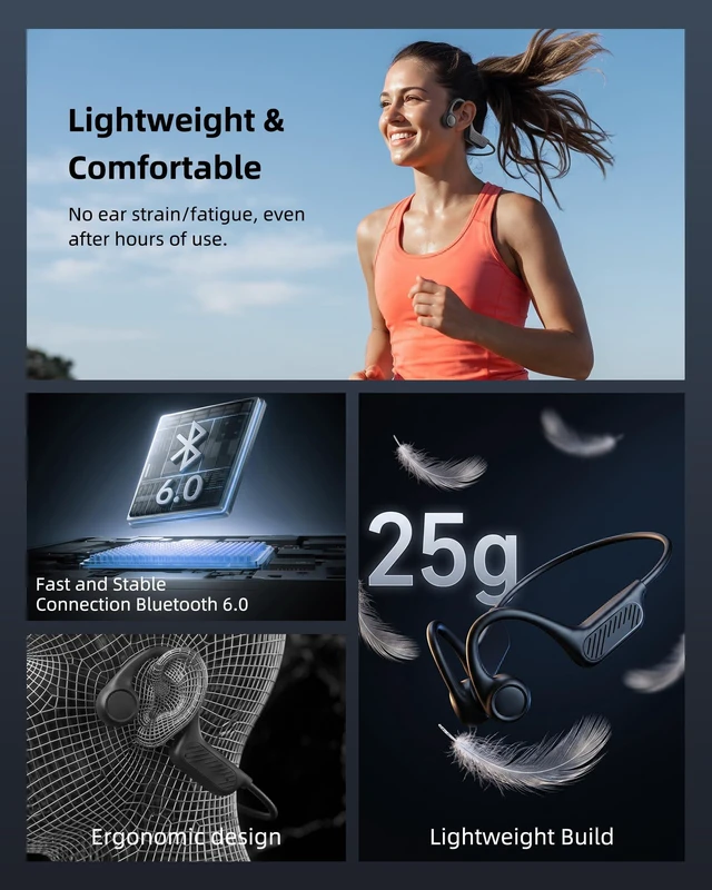Alt view image 4 of 7 - Bone Conduction Headphones, Open Ear Headphones Bluetooth 6.0, Wireless Sports Headphones with 10 Hours Playtime, Lightweight Comfort, IP54 Waterproof for Cycling, Gym, Running (Black)