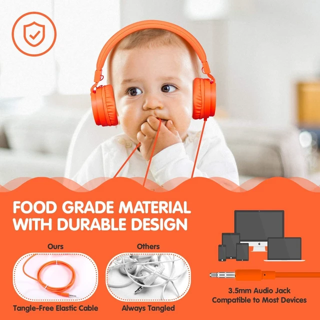 Alt view image 6 of 7 - Kids Headphones for Boys Girls - Child Student Headset Wired plug Toddler Earphones School Teen on Ear for Ipad Computer Smart phone Fire Tablet Laptop Plane Travel Game,orange