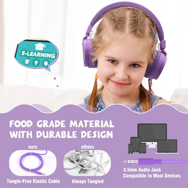 Alt view image 2 of 7 - ® Foldable on Ear Headphones for Children, Adjustable Lightweight Earphones for Phones/iPhone/Tablets/iPad/PC/MP3/MP4 (Purple)