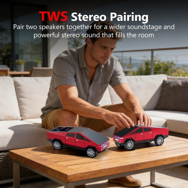 Alt view image 5 of 7 - WS-580 Cyberpunk Truck Bluetooth Speaker with Display (Red) Cyberpunk Truck Design, Display Screen & LED Lights, TWS Stereo & FM Radio, USB/TF Playback, Built-In Mic