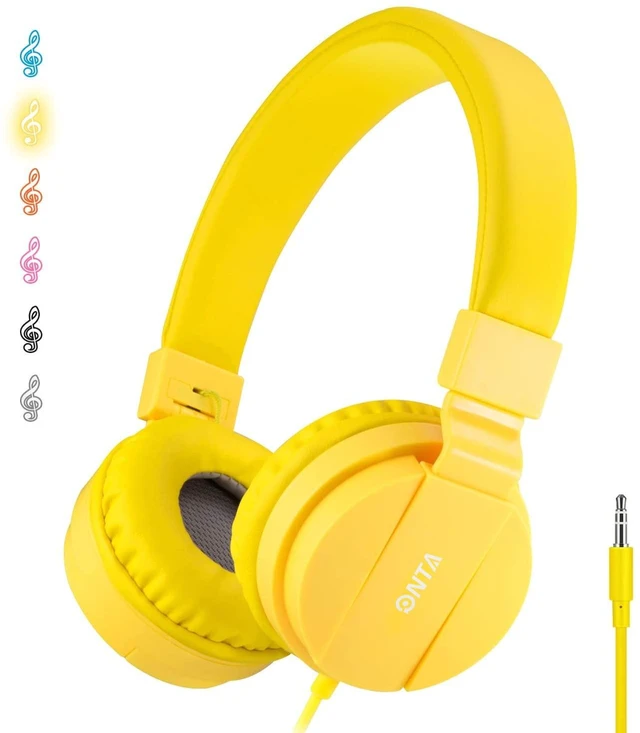 Main image of Kids Wired Headphones with Cord - School Student Headset, Toddler Earphones, Safe Volume, 3.5mm Jack, On-Ear for iPad, Tablet, Laptop, Travel, Yellow