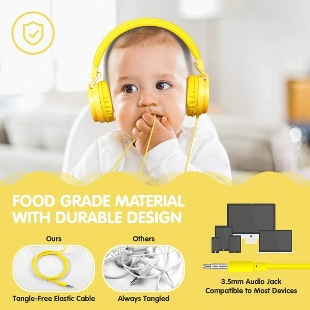 Alt view image 4 of 7 - Kids Wired Headphones with Cord - School Student Headset, Toddler Earphones, Safe Volume, 3.5mm Jack, On-Ear for iPad, Tablet, Laptop, Travel, Yellow