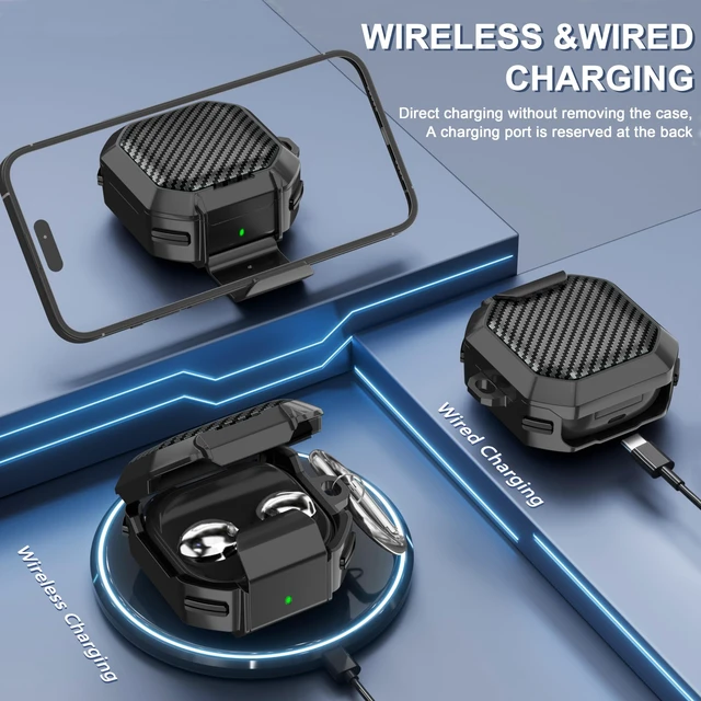 Alt view image 4 of 7 - with Lock Carbon Fiber Cases for Samsung Galaxy Buds FE Case (2023) / Galaxy Buds 2 Pro Case 2022/ Bud Pro 2021 /Bud 2 2021/ Bud Live 2020 with Phone Stand and Keychain-Black