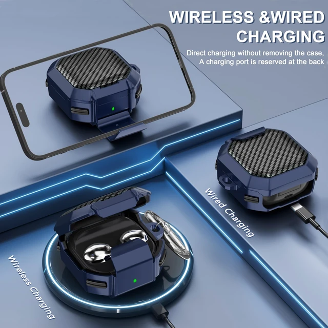 Alt view image 4 of 7 - with Lock Carbon Fiber Cases for Samsung Galaxy Buds FE Case (2023) / Galaxy Buds 2 Pro Case 2022/ Bud Pro 2021 /Bud 2 2021/ Bud Live 2020 with Phone Stand and Keychain-Blue
