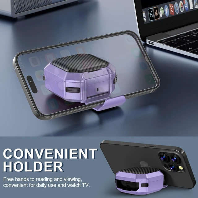Alt view image 3 of 6 - with Lock Carbon Fiber Cases for Samsung Galaxy Buds FE Case (2023) / Galaxy Buds 2 Pro Case 2022/ Bud Pro 2021 /Bud 2 2021/ Bud Live 2020 with Phone Stand and Keychain-Purple