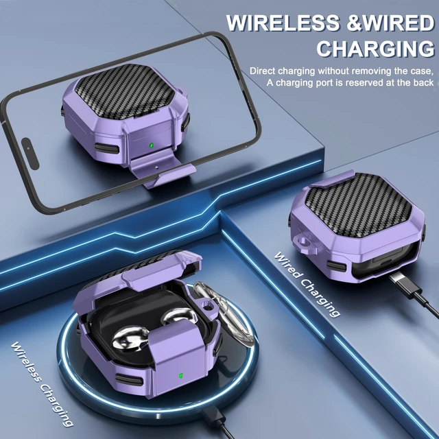 Alt view image 4 of 6 - with Lock Carbon Fiber Cases for Samsung Galaxy Buds FE Case (2023) / Galaxy Buds 2 Pro Case 2022/ Bud Pro 2021 /Bud 2 2021/ Bud Live 2020 with Phone Stand and Keychain-Purple
