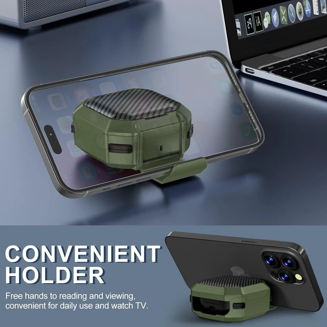 Alt view image 3 of 7 - with Lock Carbon Fiber Cases for Samsung Galaxy Buds FE Case (2023) / Galaxy Buds 2 Pro Case 2022/ Bud Pro 2021 /Bud 2 2021/ Bud Live 2020 with Phone Stand and Keychain-Army Green