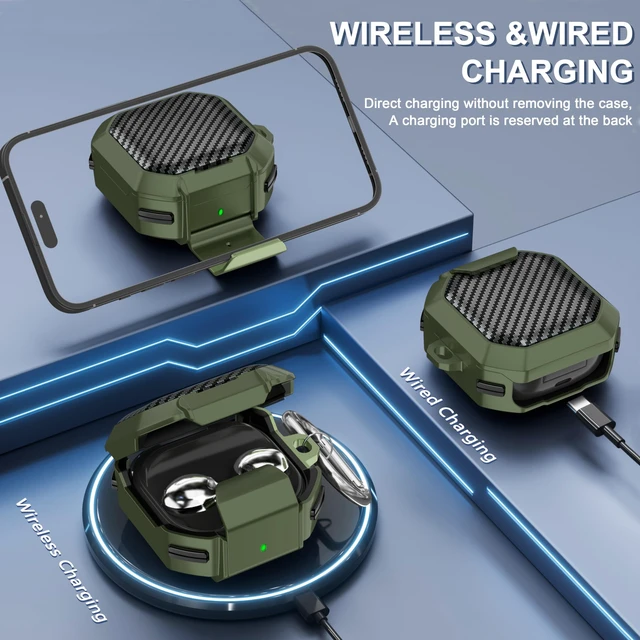 Alt view image 5 of 7 - with Lock Carbon Fiber Cases for Samsung Galaxy Buds FE Case (2023) / Galaxy Buds 2 Pro Case 2022/ Bud Pro 2021 /Bud 2 2021/ Bud Live 2020 with Phone Stand and Keychain-Army Green