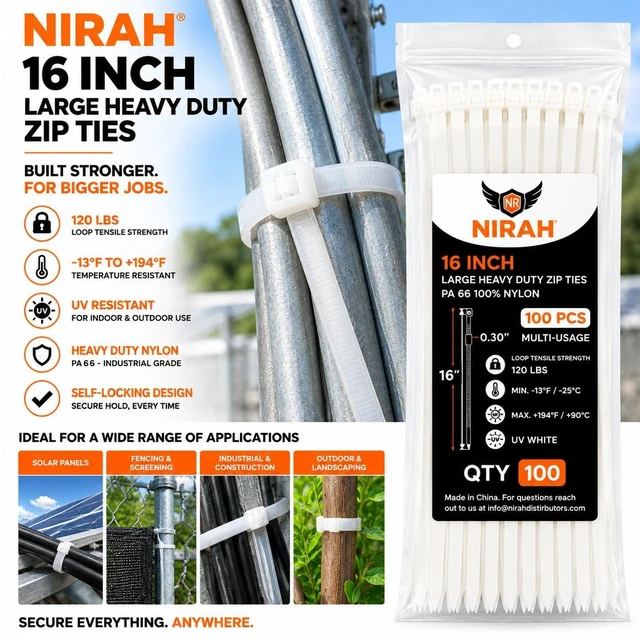 Alt view image 3 of 7 - 16 inch Clear Zip Ties, 120 LB Tensile Strength 100 Pack, PA66 Nylon, Professional Grade Heavy Duty - UV Resistant Indoor and Outdoor Cable & Wire Management, Multi-Purpose Self-Locking Cable Ties