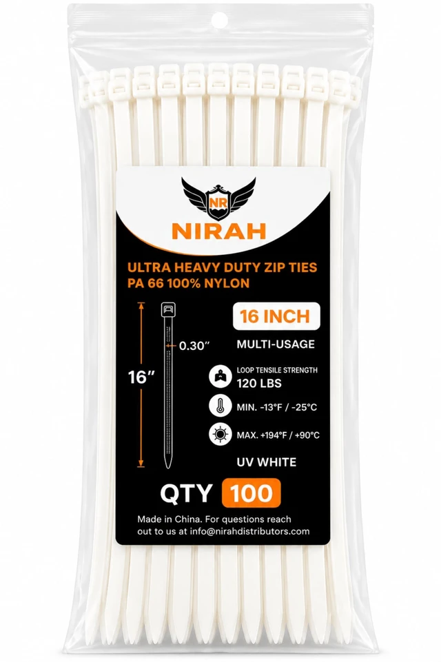 Main image of 16 inch Clear Zip Ties, 120 LB Tensile Strength 100 Pack, PA66 Nylon, Professional Grade Heavy Duty - UV Resistant Indoor and Outdoor Cable & Wire Management, Multi-Purpose Self-Locking Cable Ties