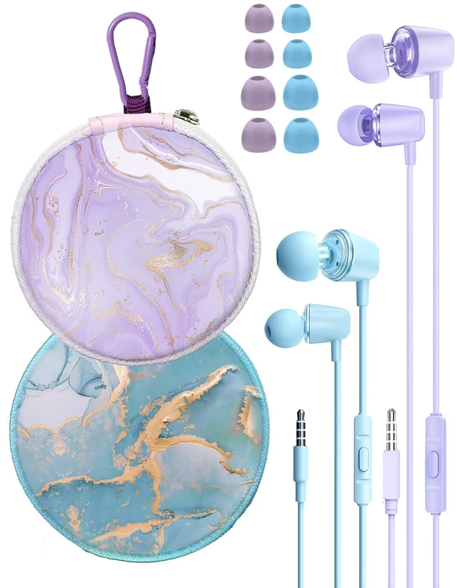 Main image of 2-Pack Teens Wired Earbuds with Cases, 3.5mm School Headphones, Blueviolet 2-Pack Teens Wired Student Earbuds with Carabiner Clips to Attach on School Backpacks, 2 Aesthetic Cases & Mics