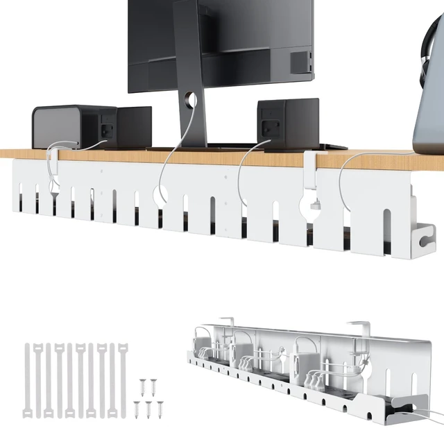 Main image of Under Desk Cable Management Tray 48 in, Large Cord Hider, White Open Frame Cable Raceways, No Drill Clamp/Screw Mount, Upgrade Capacity, Cord Organizer for Home, Office