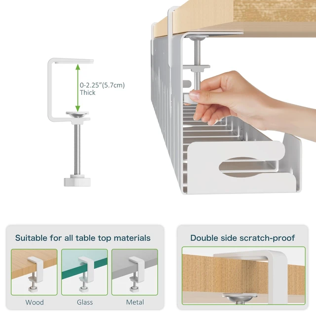 Alt view image 7 of 7 - Under Desk Cable Management Tray 48 in, Large Cord Hider, White Open Frame Cable Raceways, No Drill Clamp/Screw Mount, Upgrade Capacity, Cord Organizer for Home, Office
