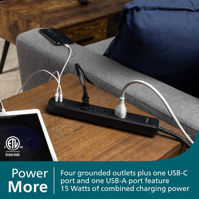Alt view image 2 of 6 - Surge Protector Power Strip with USB Ports 4 Ft Braided Extension Cord, 450 Joules, 4 Outlet Extender, 1 USB-A, 1-USB-C, Flat Plug, Black, SPP3393B/37