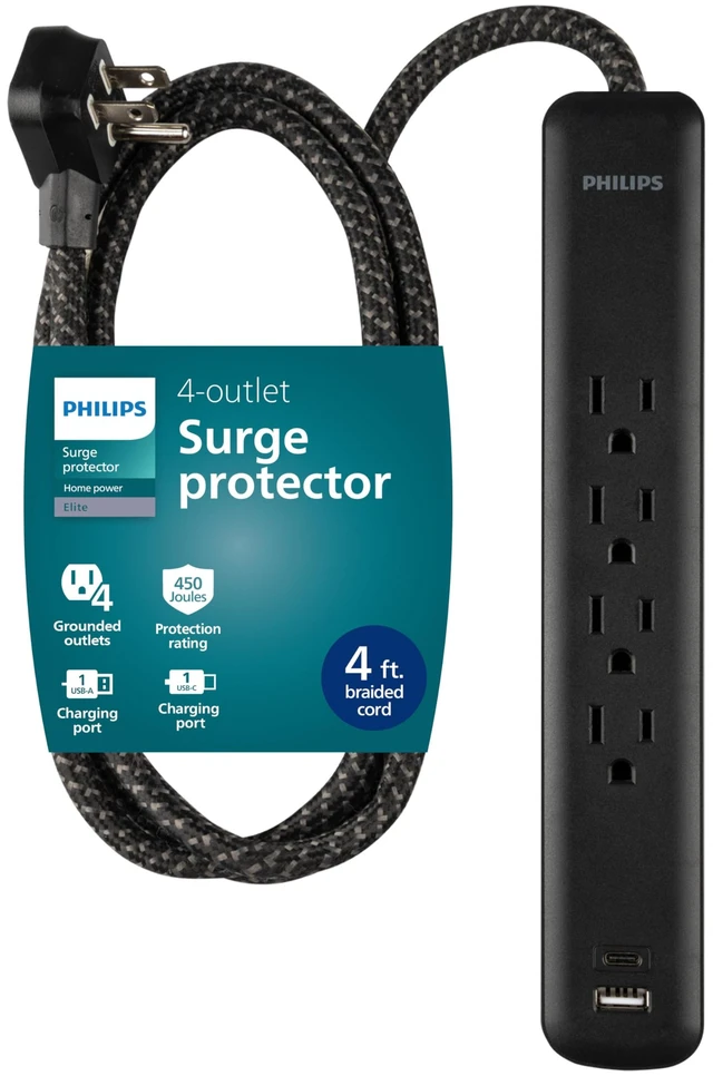 Main image of Surge Protector Power Strip with USB Ports 4 Ft Braided Extension Cord, 450 Joules, 4 Outlet Extender, 1 USB-A, 1-USB-C, Flat Plug, Black, SPP3393B/37