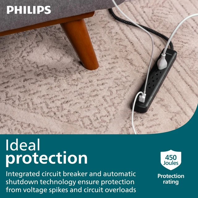 Alt view image 3 of 6 - Surge Protector Power Strip with USB Ports 4 Ft Braided Extension Cord, 450 Joules, 4 Outlet Extender, 1 USB-A, 1-USB-C, Flat Plug, Black, SPP3393B/37