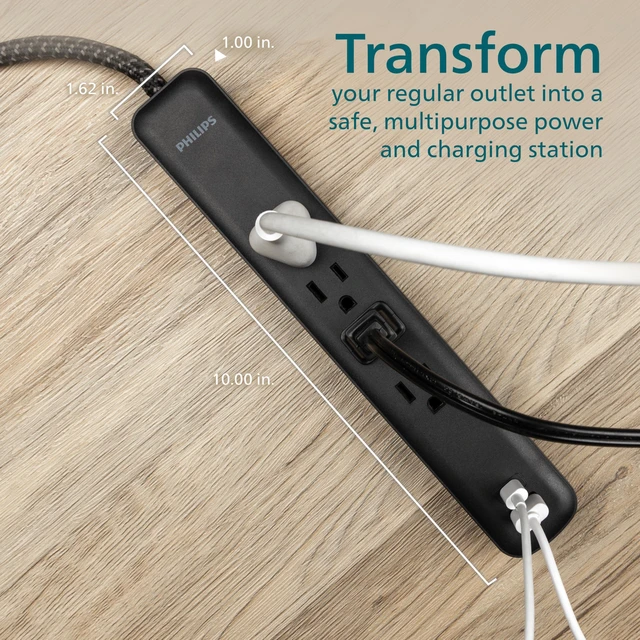 Alt view image 6 of 6 - Surge Protector Power Strip with USB Ports 4 Ft Braided Extension Cord, 450 Joules, 4 Outlet Extender, 1 USB-A, 1-USB-C, Flat Plug, Black, SPP3393B/37