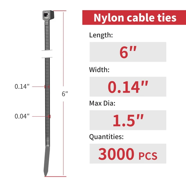 Alt view image 2 of 7 - 6 Inch Black Zip Ties 3000 Pcs, 40 LBS Cable Ties Self-Locking Ties UV Resistant, Wire Ties for Indoor and Outdoor Use