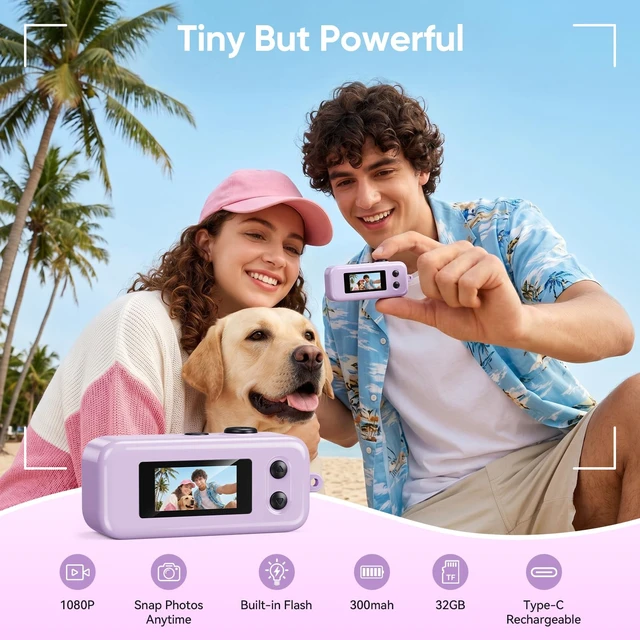 Alt view image 2 of 7 - Mini Keychain Camera, 1080P Mini Digital Camera with 32GB Card 2MP 0.96 Inch Tiny Camera, 16X Digital Zoom, 1080P HD Video, Rechargeable Battery, Micro Camera for Travel, Purple