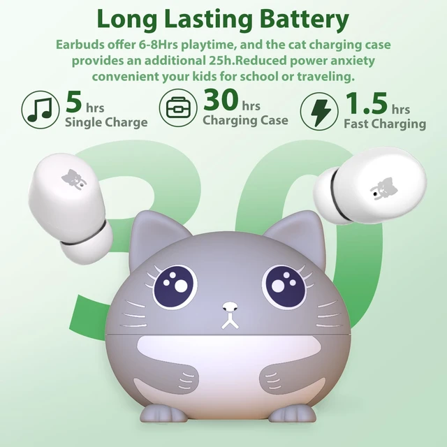 Alt view image 2 of 7 - Kids Earbuds, 85dB Safe Volume, 30H Playtime, Kids Bluetooth Earbuds, Cat Wireless Earbuds for Girls Boys Teen ages 7+, Waterproof, Touch Controls, School Travel, Christmas Birthday Gifts for Kids