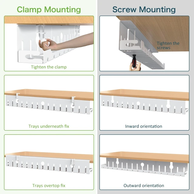 Alt view image 2 of 7 - Under Desk Cable Management Tray 48 in, Large Cord Hider, White Open Frame Cable Raceways, No Drill Clamp/Screw Mount, Upgrade Capacity, Cord Organizer for Home, Office