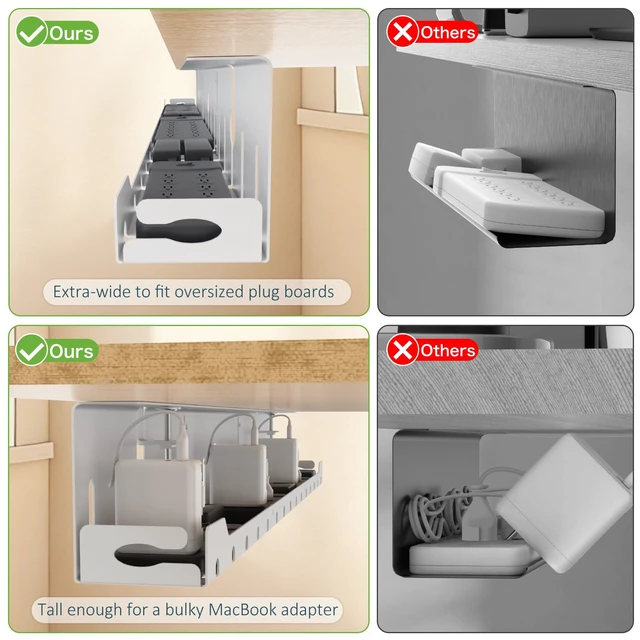 Alt view image 3 of 7 - Under Desk Cable Management Tray 48 in, Large Cord Hider, White Open Frame Cable Raceways, No Drill Clamp/Screw Mount, Upgrade Capacity, Cord Organizer for Home, Office