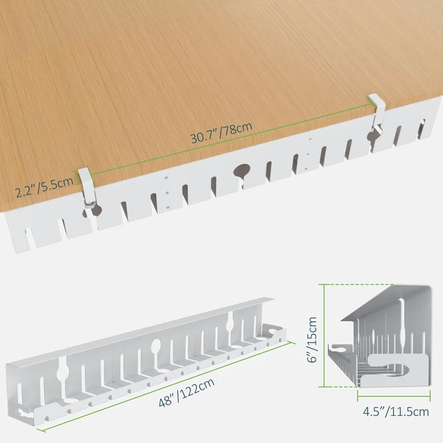 Alt view image 5 of 7 - Under Desk Cable Management Tray 48 in, Large Cord Hider, White Open Frame Cable Raceways, No Drill Clamp/Screw Mount, Upgrade Capacity, Cord Organizer for Home, Office