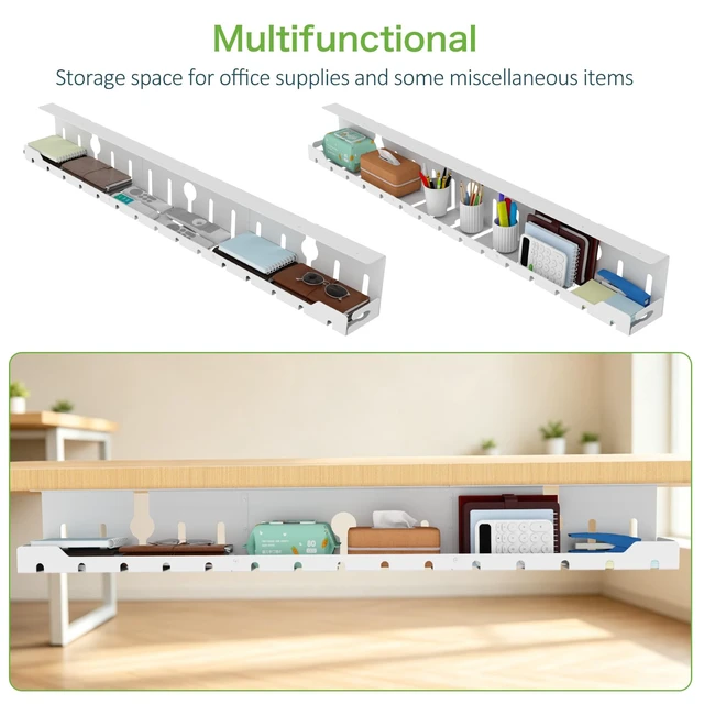 Alt view image 4 of 7 - Under Desk Cable Management Tray 48 in, Large Cord Hider, White Open Frame Cable Raceways, No Drill Clamp/Screw Mount, Upgrade Capacity, Cord Organizer for Home, Office