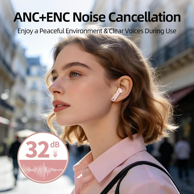 Alt view image 3 of 7 - Wireless Earbuds, 100H Bluetooth 5.4 Headphones, ENC+ ANC Noise Cancelling Touch Control True Wireless Bluetooth Ear Buds,Stereo Deep Bass Bluetooth Headset for Sports/Workout/Gym(Pink)
