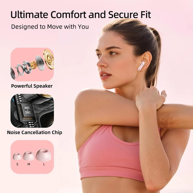 Alt view image 6 of 7 - Wireless Earbuds, 100H Bluetooth 5.4 Headphones, ENC+ ANC Noise Cancelling Touch Control True Wireless Bluetooth Ear Buds,Stereo Deep Bass Bluetooth Headset for Sports/Workout/Gym(Pink)