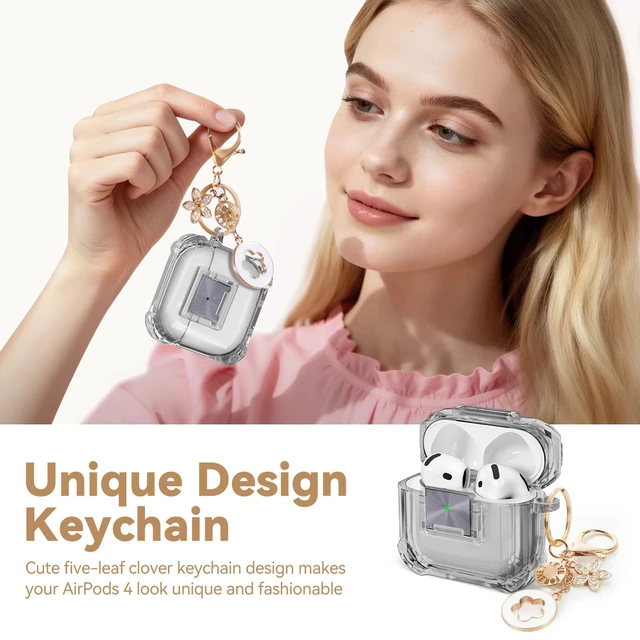 Alt view image 5 of 7 - for Airpods 4 Case with Safety Lock,Clear Black Soft TPU Shock-Proof Clear Cover for Apple AirPod 4th Generation with Cute Bling Keychain and Cleaner kit for Women Girls
