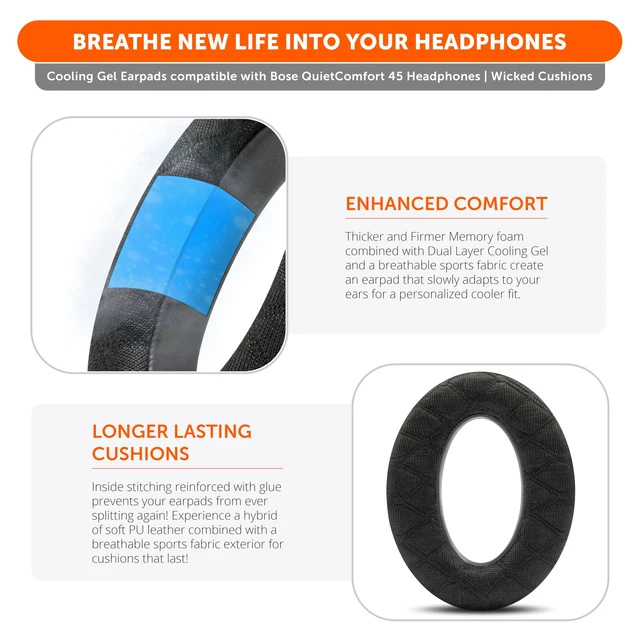 Alt view image 4 of 7 - Freeze QC45 - Cooling Gel Earpads for Bose QuietComfort 45 & QC Wireless Made by Wicked Cushions Also fits QC Wireless (2023), QC SE Freeze V2 Cooling Fabric, Extreme Comfort Eclipse Gray