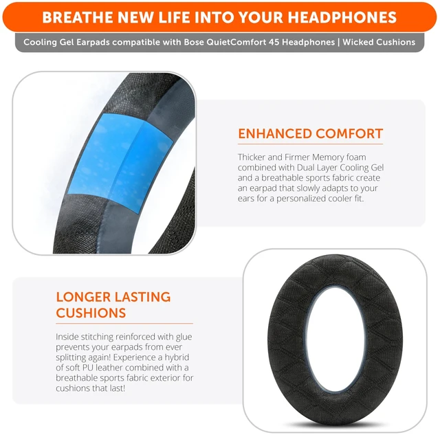 Alt view image 4 of 7 - Freeze QC45 - Cooling Gel Earpads for Bose QuietComfort 45 & QC Wireless Made by Wicked Cushions Also fits QC Wireless (2023), QC SE Freeze V2 Cooling Fabric, Extreme Comfort Midnight Blue