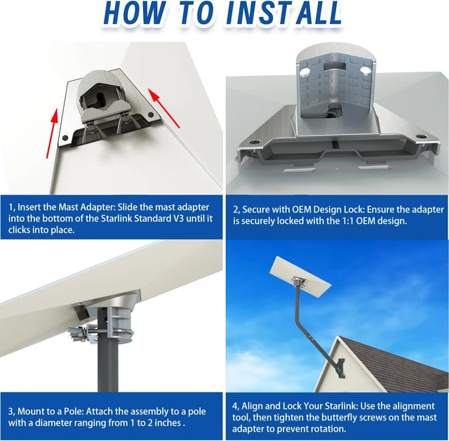 Alt view image 5 of 5 - Starlink Standard 4/4 X Mount Kit, 51 in Adjustable J-Pole Aluminum Alloy Adapter and Reversible Steel Mast Install on Walls, Eaves or Roofs, Adjustable Bracket and Hardware Included