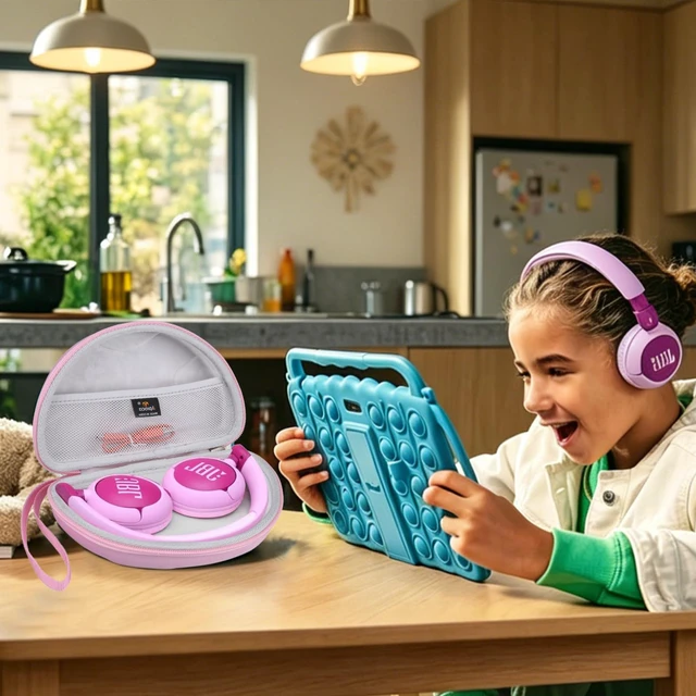 Alt view image 4 of 7 - Case for JBL Junior 320 / Junior 320BT / JR 300BT Kids Headphones -Pink Carrying Case, Water-resistant & Shock-resistant, Soft Inner Lining Protects Headphones, Mesh Pocket Stores USB Cables