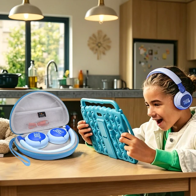 Alt view image 3 of 7 - Case for JBL Junior 320 / Junior 320BT / JR 300BT Kids Headphones -Blue Carrying Case, Water-resistant & Shock-resistant, Soft Inner Lining Protects Headphones, Mesh Pocket Stores USB Cables