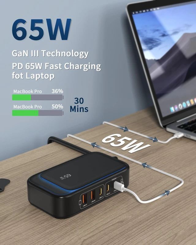 Alt view image 3 of 7 - 7-in-1 USB Power Strip, 85W Charging Station 5FT Extension Cord with Multiple Outlets with 3 USB-C, 2 USB-A Ports and 2500W AC Outlet for Home/Office/College/Travel (Black)