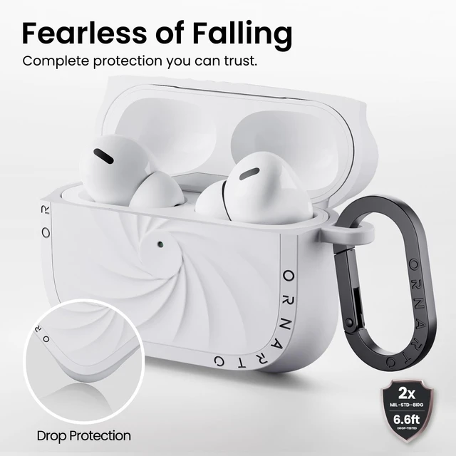 Alt view image 3 of 7 - Vortuxe for AirPods Pro 3 Case, Liquid Silicone, White Velvety Soft Touch, 2X MIL-STD Drop Protection, Elevated Corner Design, Sleek Vortex Pattern, LED Visible, Carabiner Included