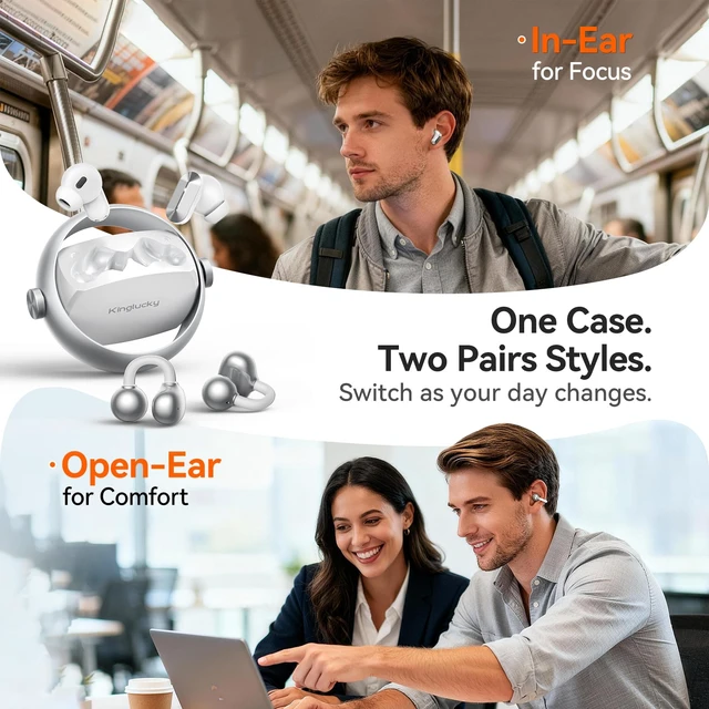 Alt view image 2 of 7 - 2-in-1 Wireless Earbuds, in-Ear & Open Ear Clip-On Earbuds Comfortable fit, Bluetooth Headphones 5.4 with Noise Cancelling Mic, Power Swap Charging, Up to 50H, White