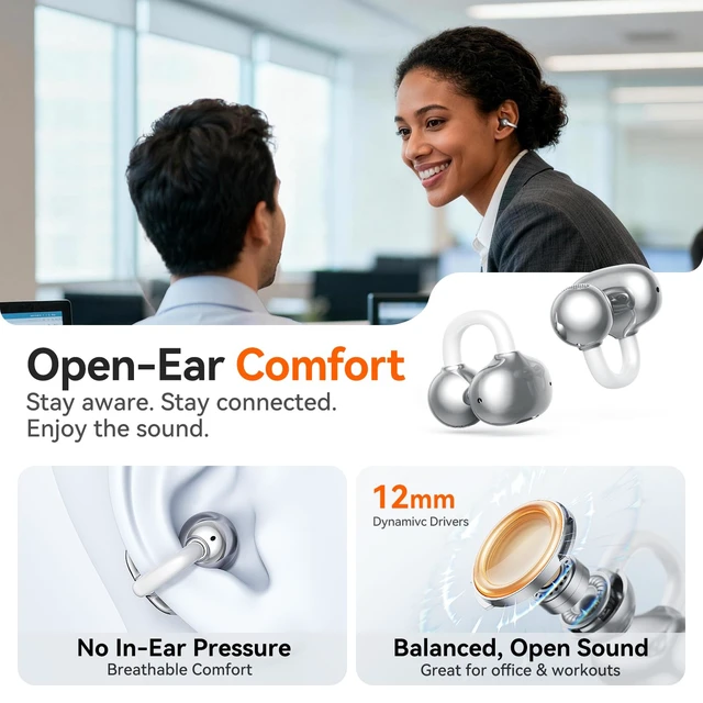 Alt view image 5 of 7 - 2-in-1 Wireless Earbuds, in-Ear & Open Ear Clip-On Earbuds Comfortable fit, Bluetooth Headphones 5.4 with Noise Cancelling Mic, Power Swap Charging, Up to 50H, White