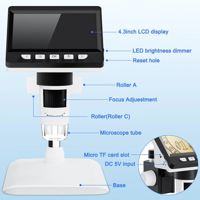 Alt view image 6 of 7 - 4.3" Digital Microscope for Adults, USB Coin Magnifier with 8 Adjustable Lights, 1000X Magnifying Glass, 1080P Resolution,Save Photos & Videos,Compatible with Windows/MacOS, White