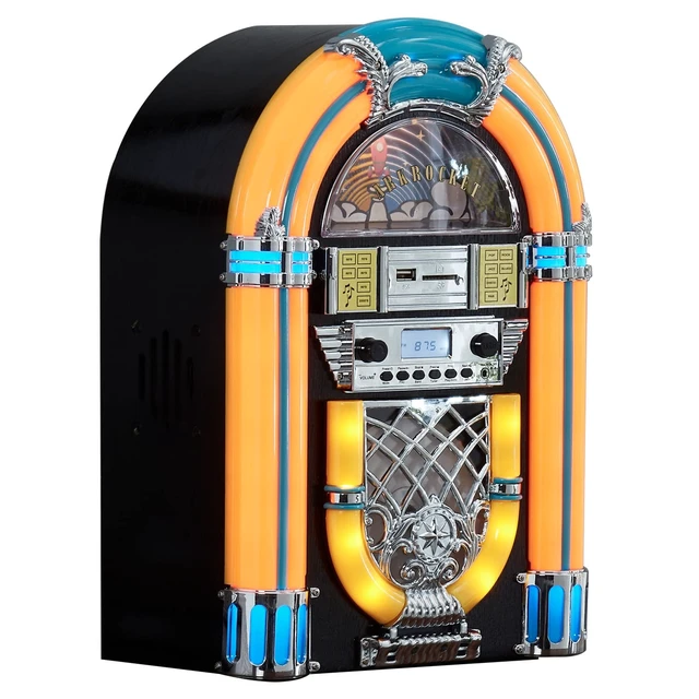 Alt view image 2 of 7 - Athena Mini Jukebox/Tabletop CD Player/Bluetooth Speaker/Radio/USB and SD Card Player with Retro LED Lighting System (Yellow Green)