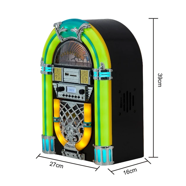 Alt view image 3 of 7 - Athena Mini Jukebox/Tabletop CD Player/Bluetooth Speaker/Radio/USB and SD Card Player with Retro LED Lighting System (Yellow Green)