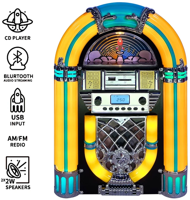Alt view image 4 of 7 - Athena Mini Jukebox/Tabletop CD Player/Bluetooth Speaker/Radio/USB and SD Card Player with Retro LED Lighting System (Yellow Green)