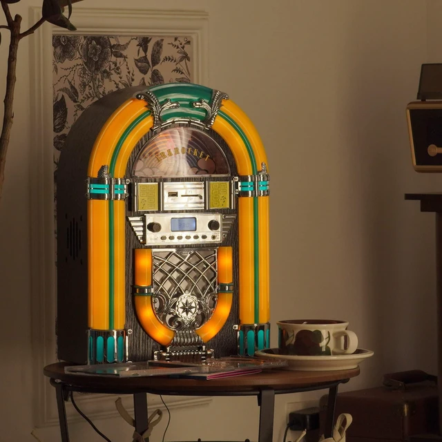 Alt view image 5 of 7 - Athena Mini Jukebox/Tabletop CD Player/Bluetooth Speaker/Radio/USB and SD Card Player with Retro LED Lighting System (Yellow Green)