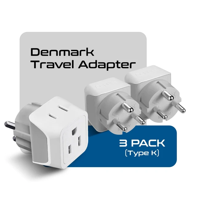 Alt view image 2 of 7 - Denmark Travel Adapter Plug with Dual Usa Input - Power - Type K (3 Pack) - Ultra Compact - Safe Grounded Perfect for Cell Phones, Laptops, Camera Chargers and More (CT-20)