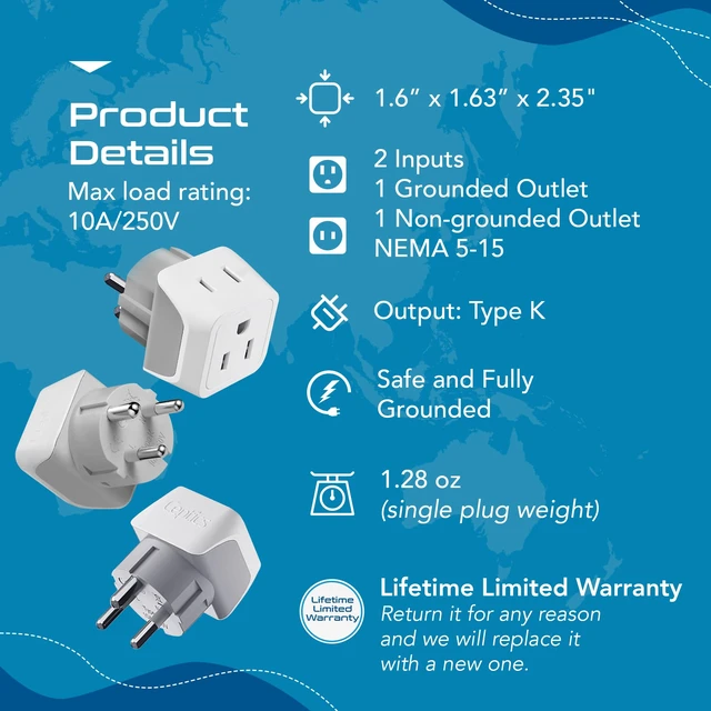 Alt view image 4 of 7 - Denmark Travel Adapter Plug with Dual Usa Input - Power - Type K (3 Pack) - Ultra Compact - Safe Grounded Perfect for Cell Phones, Laptops, Camera Chargers and More (CT-20)
