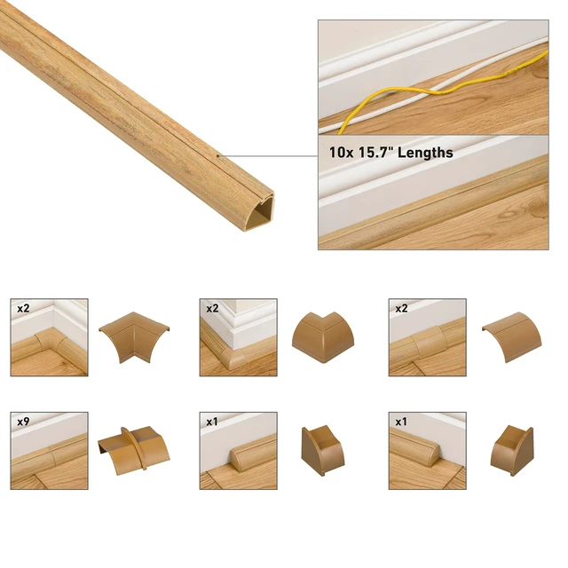 Alt view image 2 of 7 - 157in Stainable Wood-Effect Corner Cable Concealer Multipack, Floor Wire Hider, Quarter Round Cord Cover, Organize Cords in Corners, Floor Molding - 10x 15.7in Lengths & Accessories