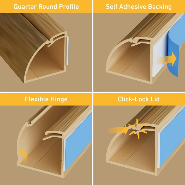 Alt view image 3 of 7 - 157in Stainable Wood-Effect Corner Cable Concealer Multipack, Floor Wire Hider, Quarter Round Cord Cover, Organize Cords in Corners, Floor Molding - 10x 15.7in Lengths & Accessories
